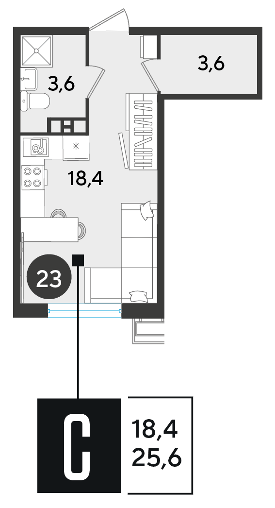 Студия, 25.6 м² · Парк Победы-2