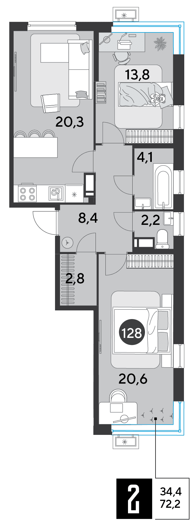2-к, 72.2 м² · Парк Победы-2