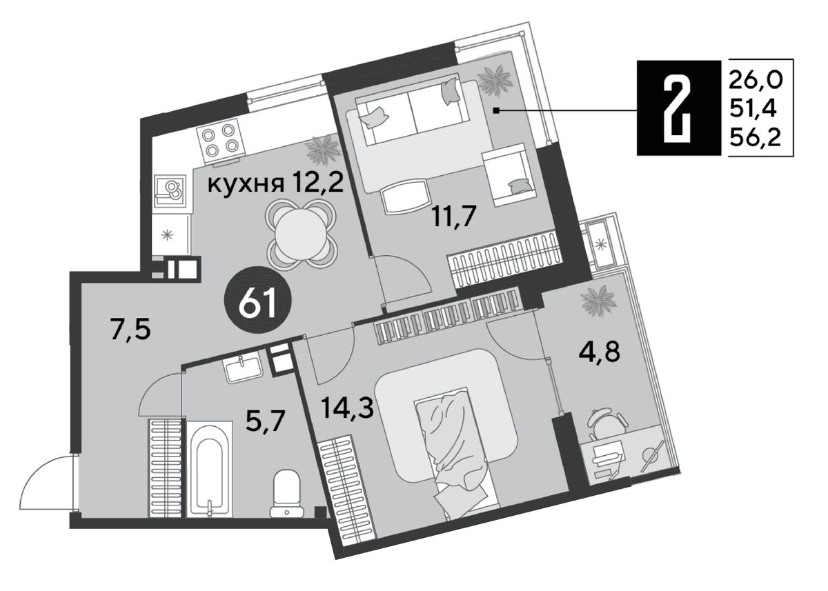 2-к, 56.2 м² · Парк Победы-2
