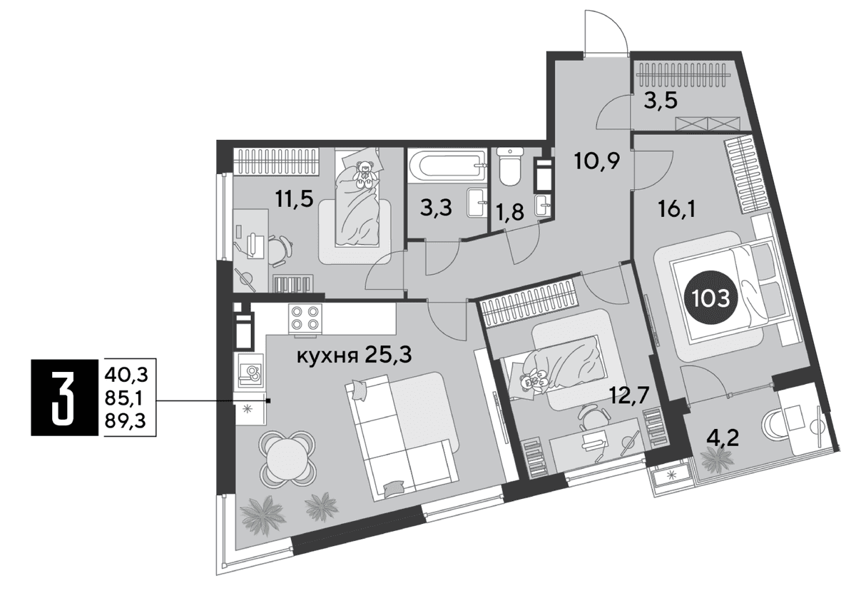 3-к, 89.3 м² · Парк Победы-2