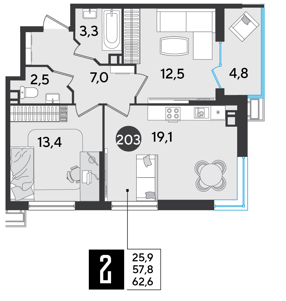2-к, 62.6 м² · Парк Победы-2