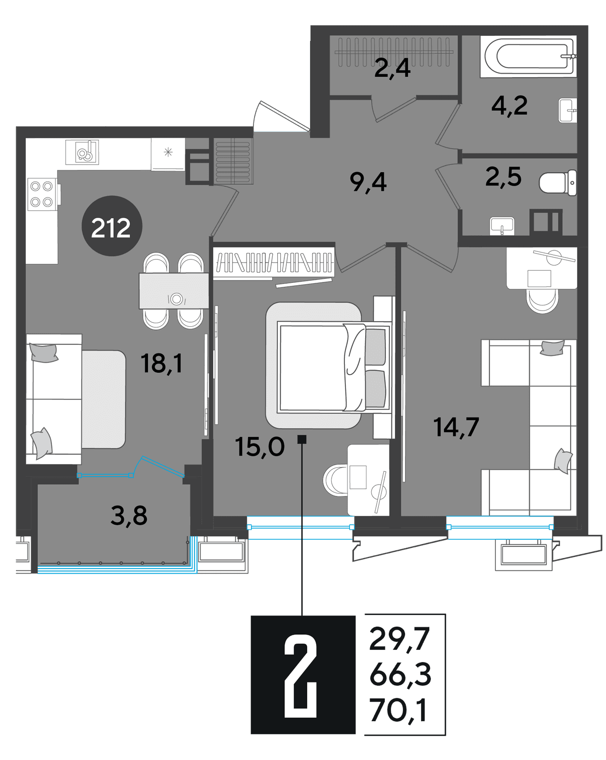 2-к, 70.1 м² · Парк Победы-2