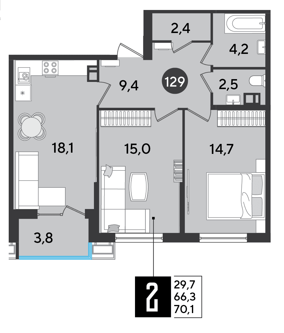 2-к, 70.1 м² · Парк Победы-2