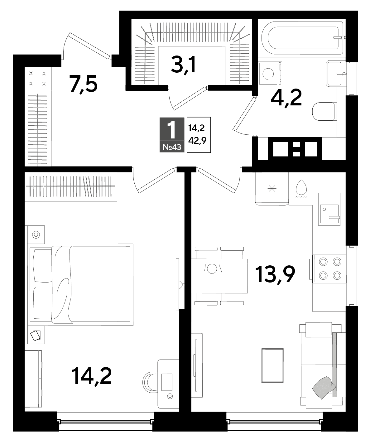 1-к, 42.9 м² · DОГМА ПАРК