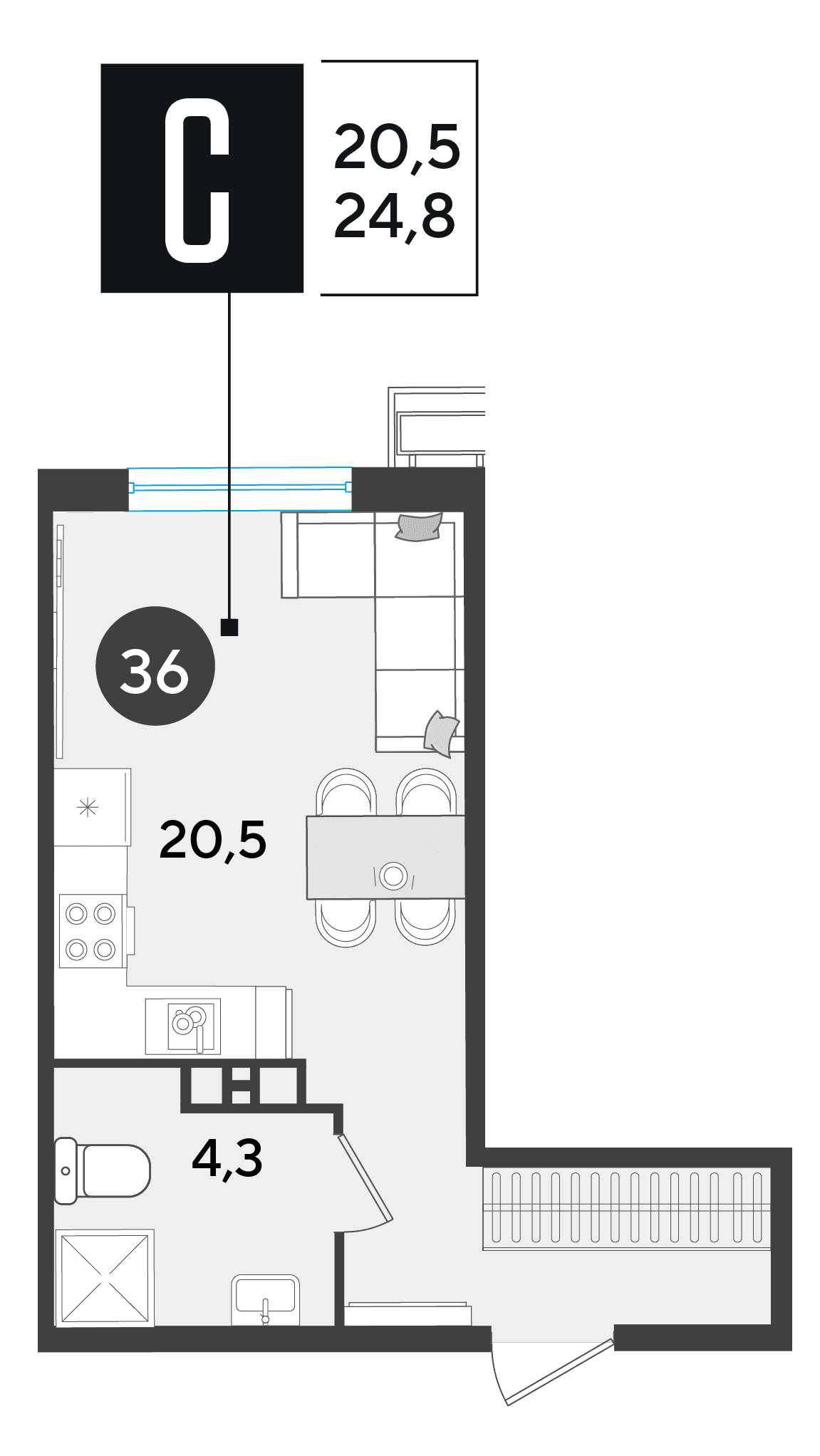 Студия, 24.8 м² · Парк Победы-2