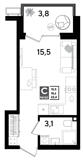 Студия, 22 м² · Парк Победы-2