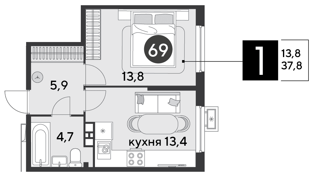 1-к, 37.8 м² · Парк Победы-2