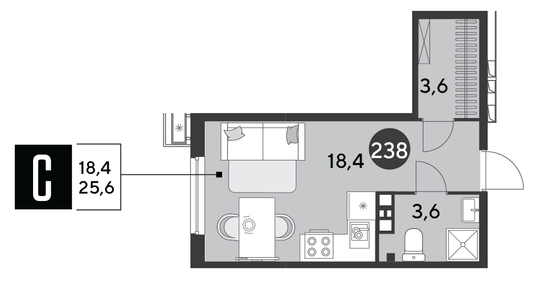 Студия, 25.6 м² · Парк Победы-2