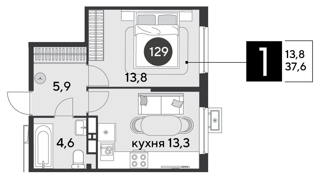 1-к, 37.6 м² · Парк Победы-2