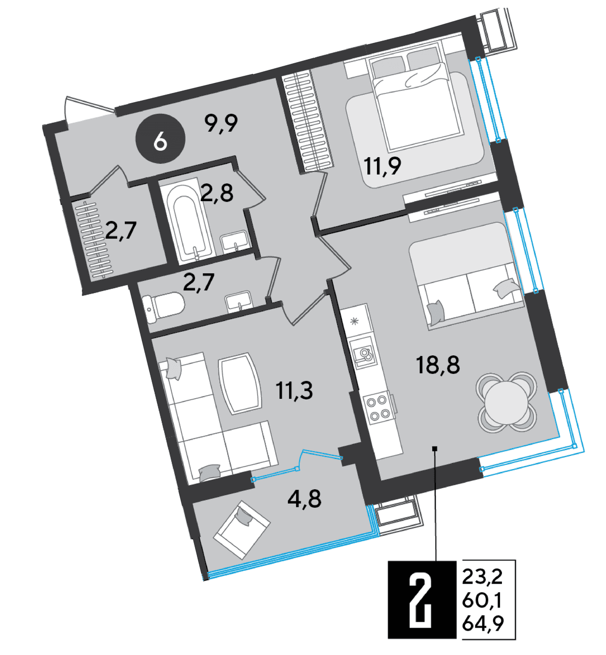 2-к, 64.9 м² · Парк Победы-2