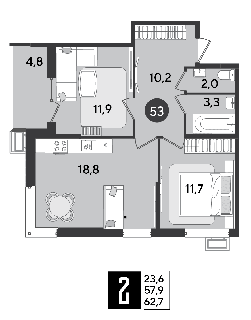 2-к, 62.7 м² · Парк Победы-2