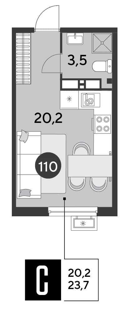 Студия, 23.7 м² · Парк Победы-2
