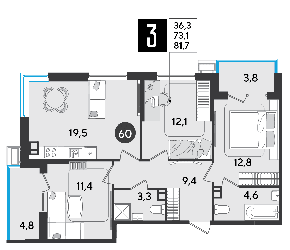 3-к, 81.7 м² · Парк Победы-2