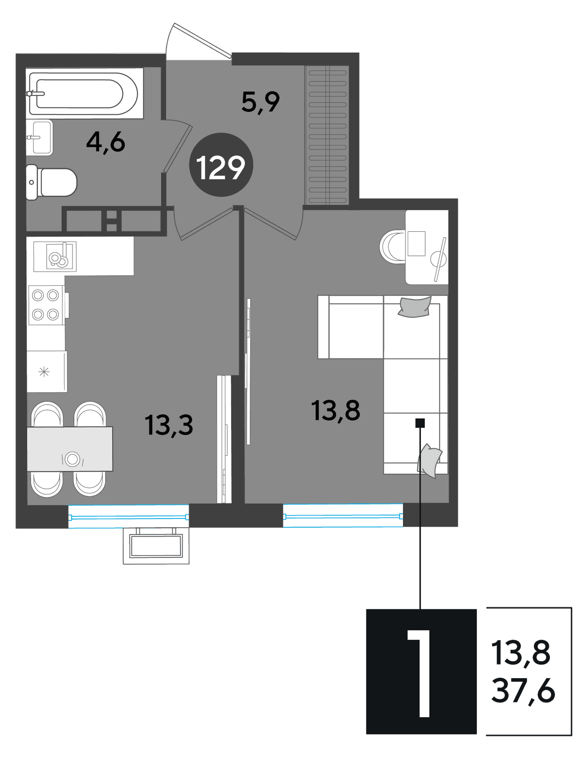 1-к, 37.6 м² · Парк Победы-2