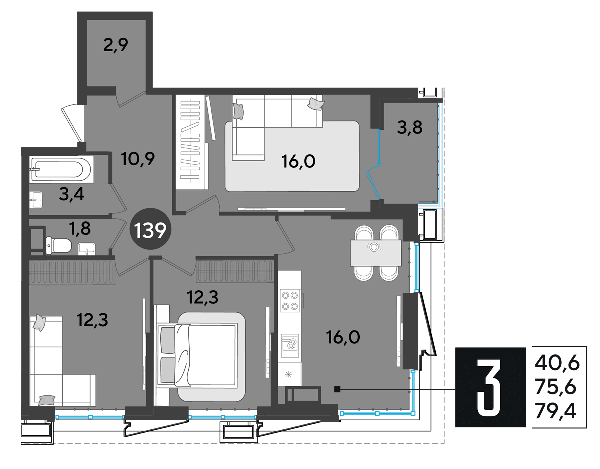 3-к, 80.1 м² · Парк Победы-2