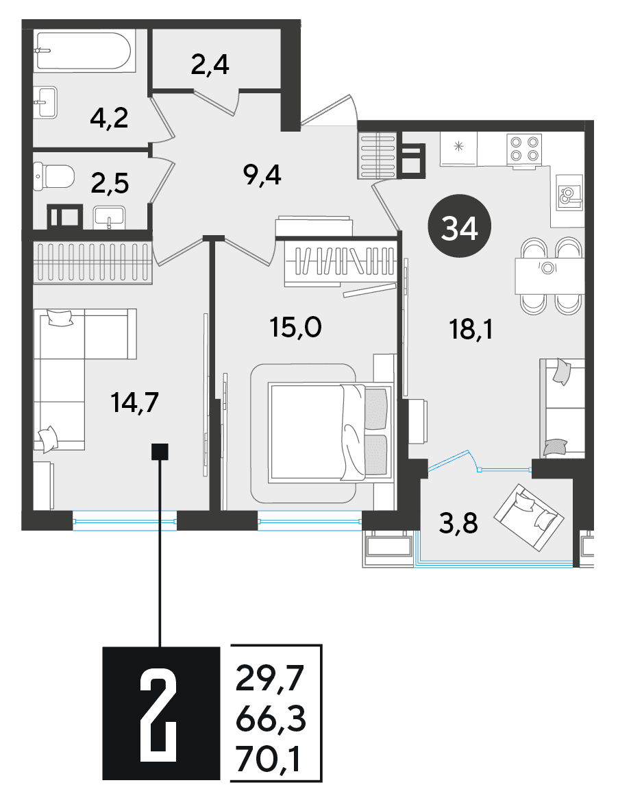 2-к, 70.1 м² · Парк Победы-2