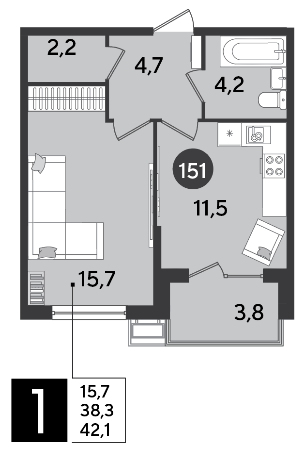 1-к, 42.1 м² · Парк Победы-2