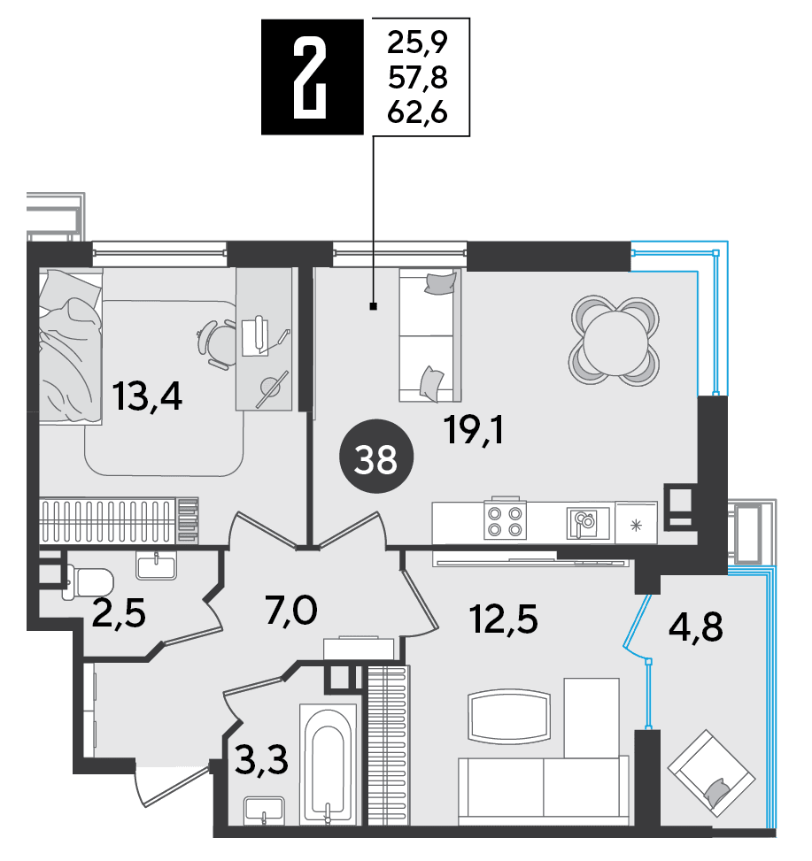 2-к, 62.6 м² · Парк Победы-2