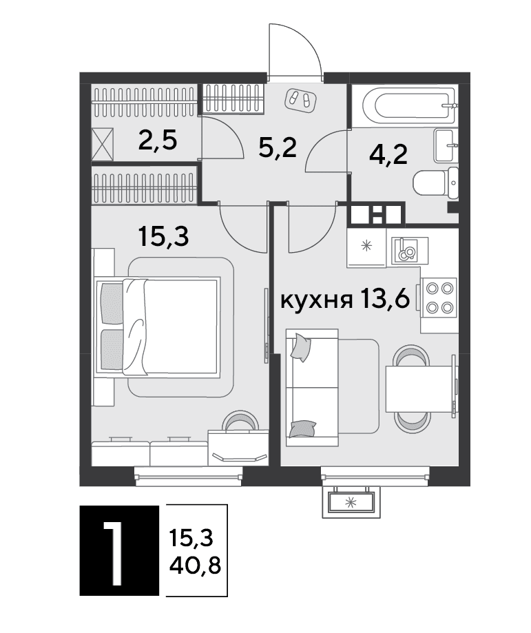 1-к, 40.8 м² · Парк Победы-2