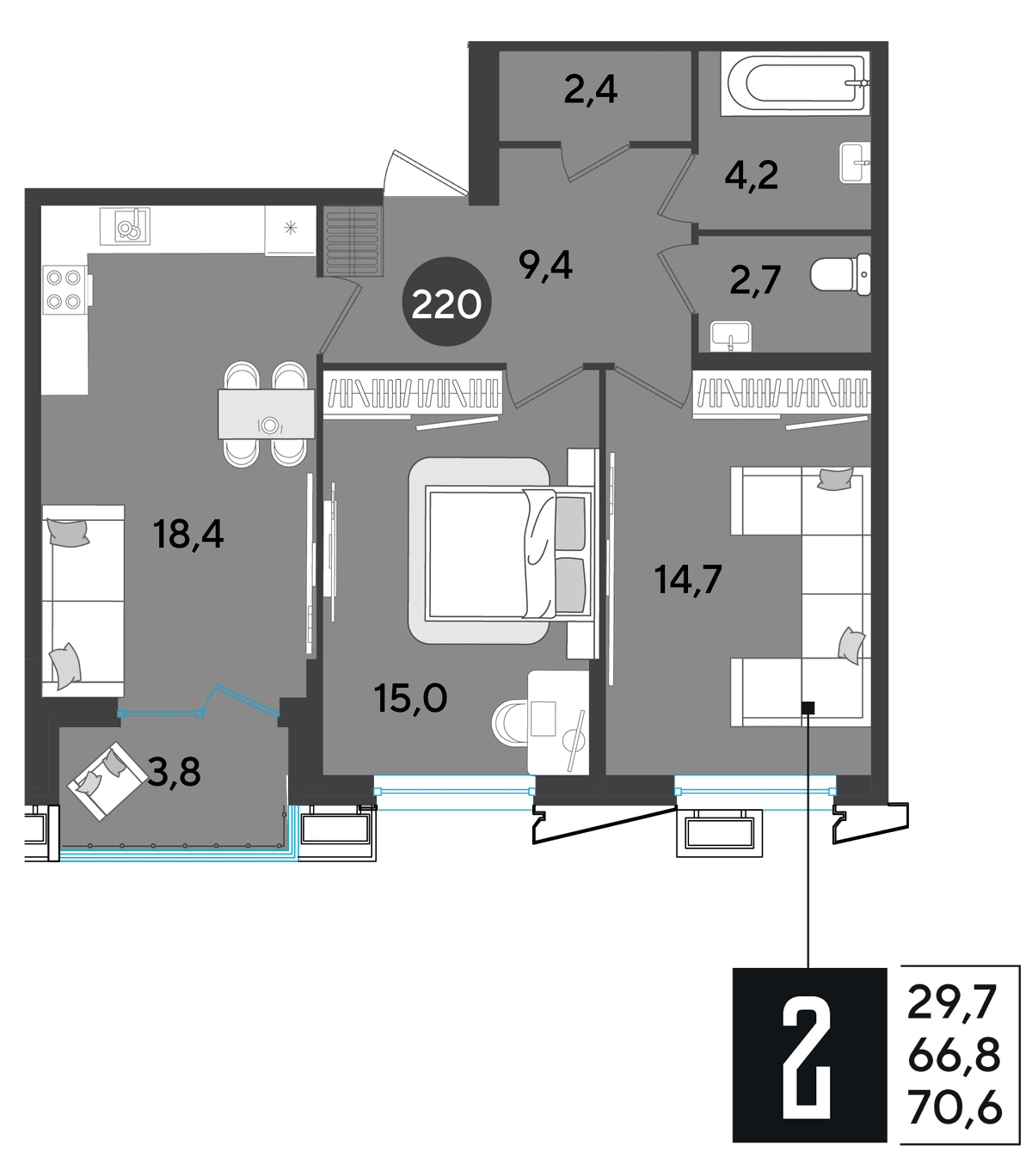 2-к, 70.5 м² · Парк Победы-2