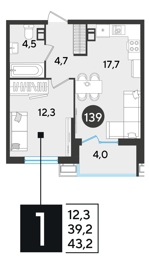 1-к, 43.2 м² · Парк Победы-2