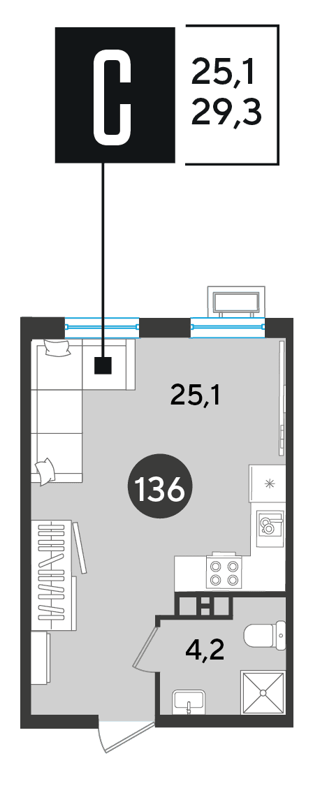 Студия, 29.3 м² · Парк Победы-2