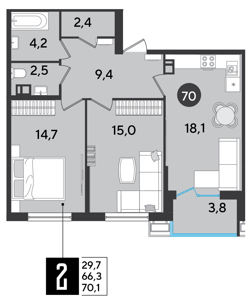2-к, 70.1 м² · Парк Победы-2