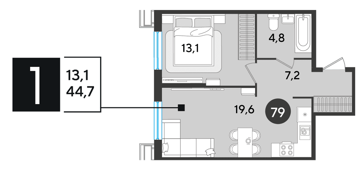 1-к, 44.7 м² · Парк Победы-2