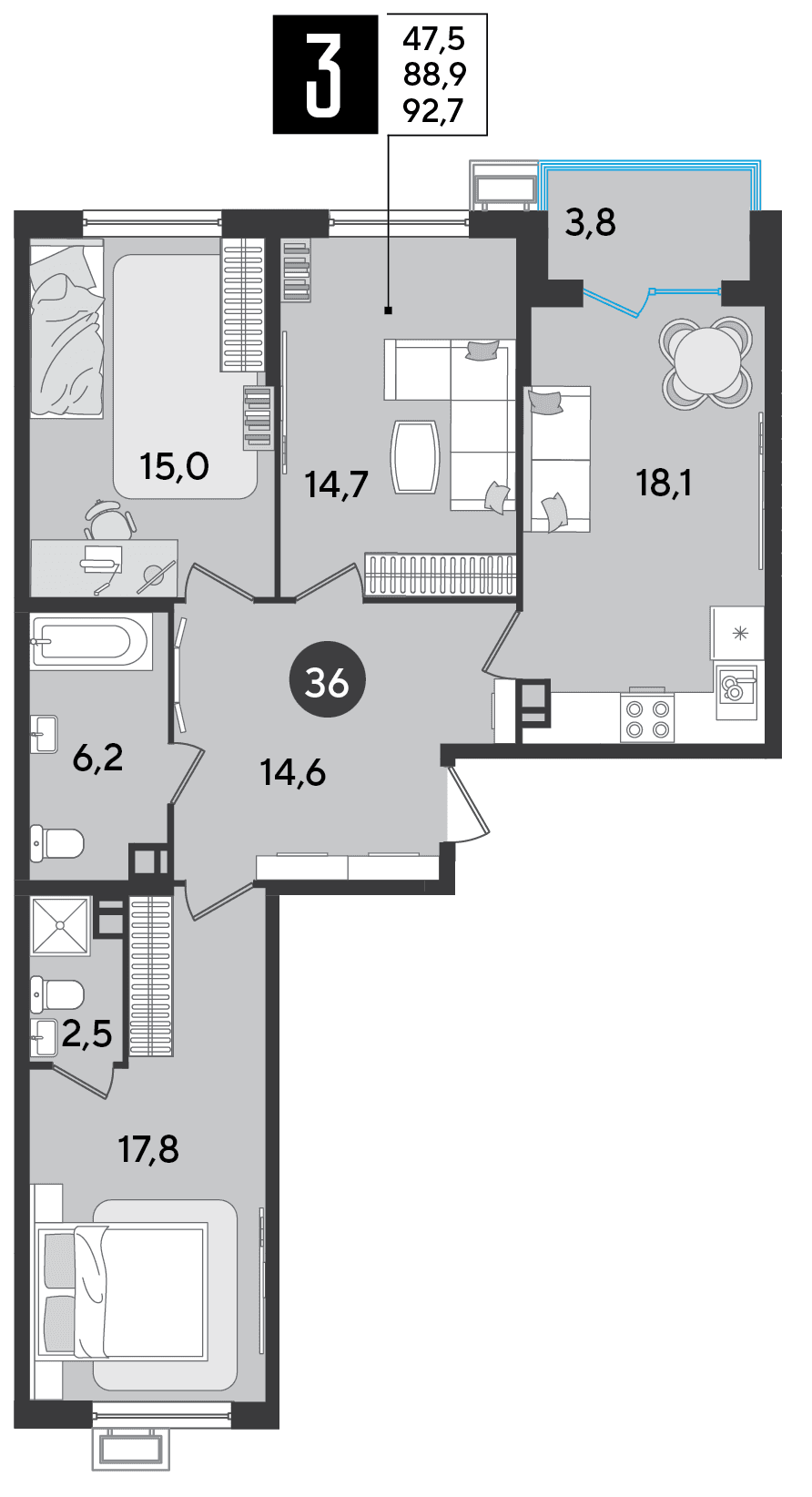 3-к, 92.7 м² · Парк Победы-2