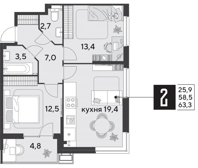 2-к, 62.9 м² · Парк Победы-2