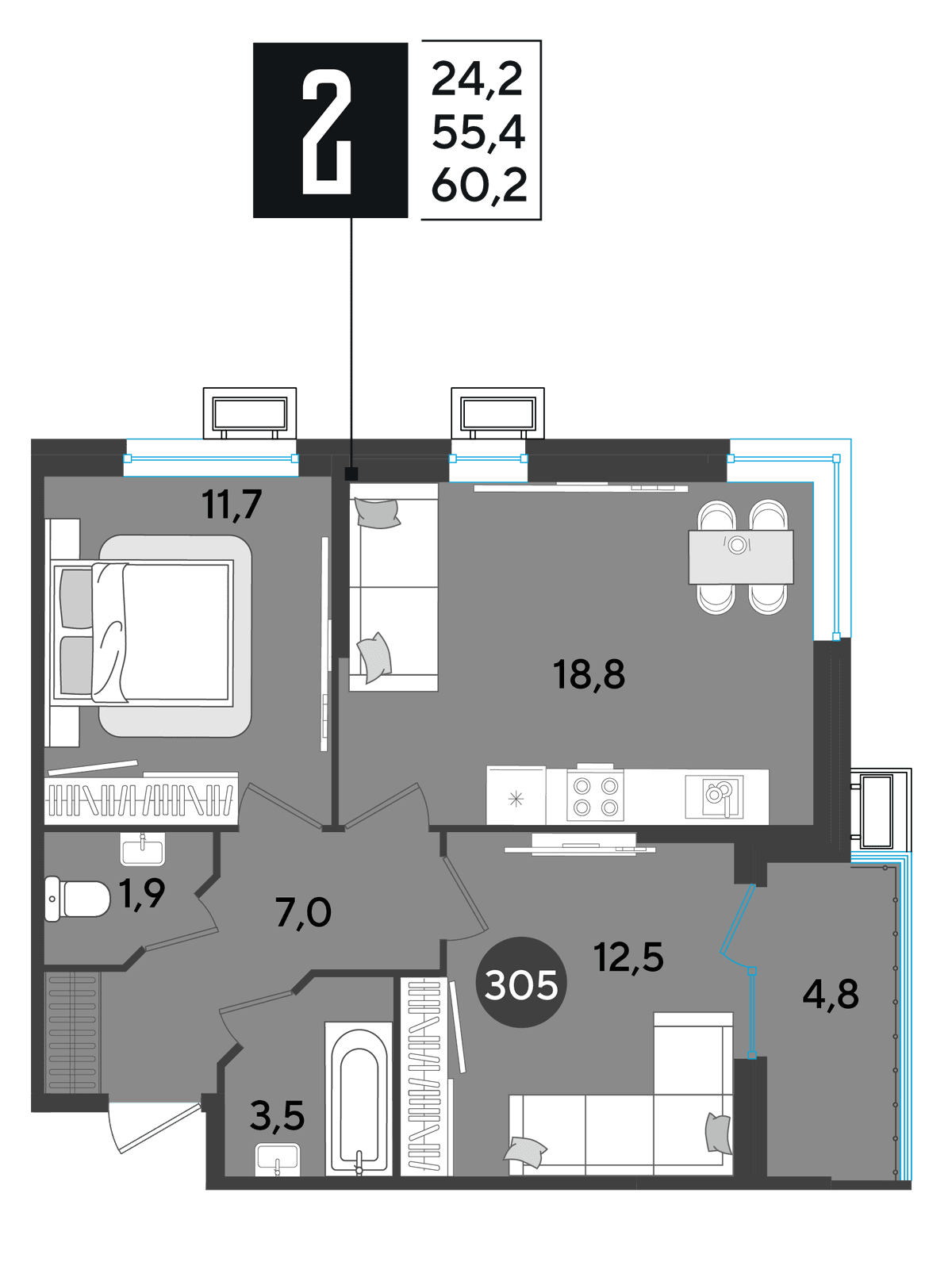 2-к, 60.2 м² · Парк Победы-2