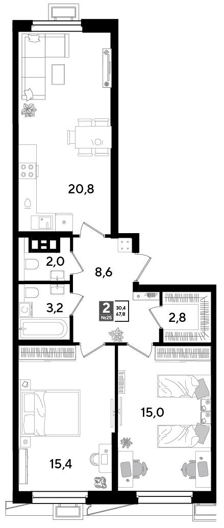 2-к, 66.8 м² · Парк Победы-2