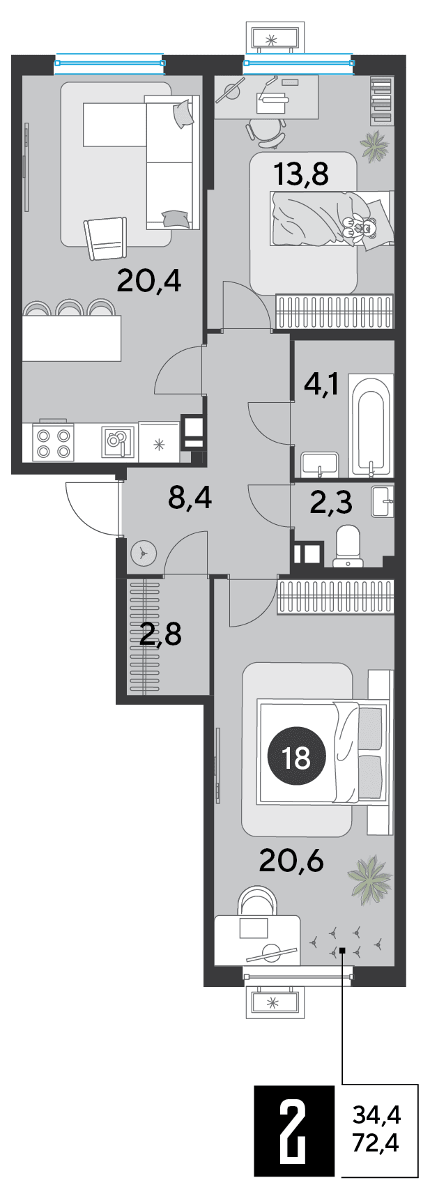 2-к, 72.4 м² · Парк Победы-2
