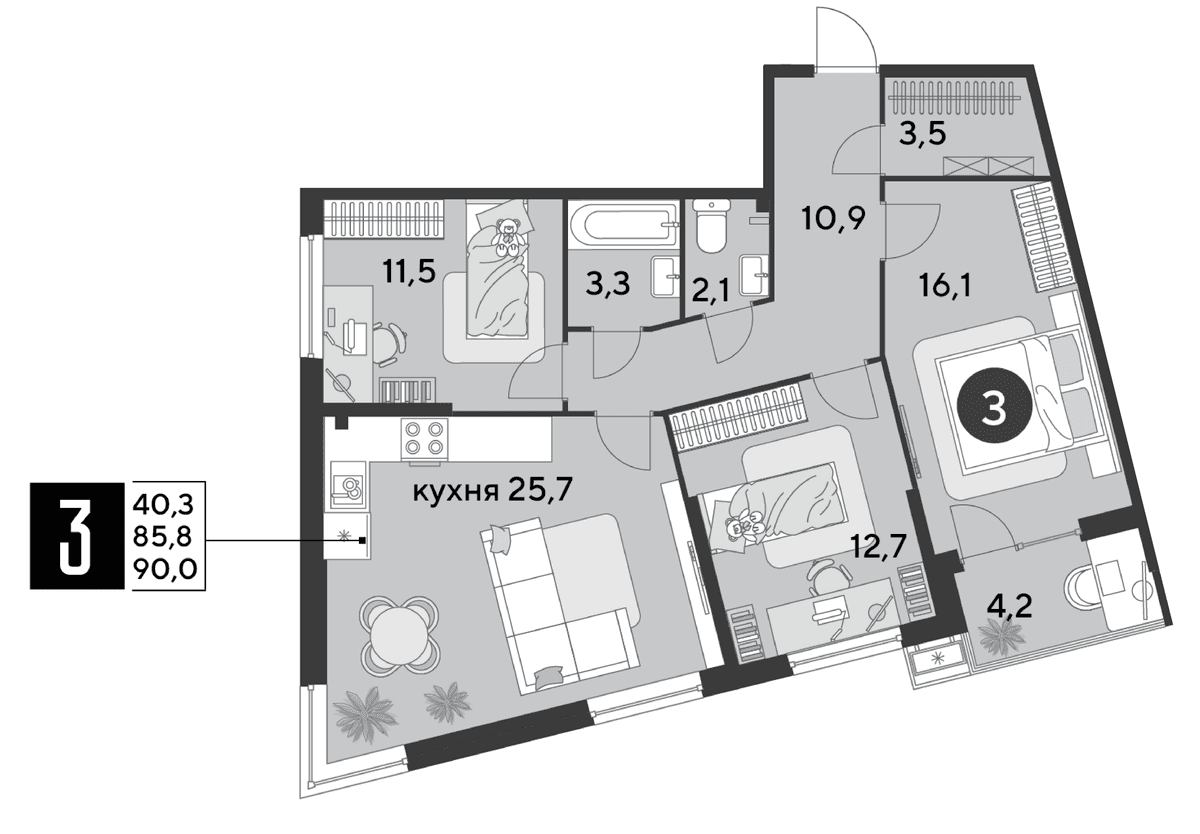 3-к, 90 м² · Парк Победы-2
