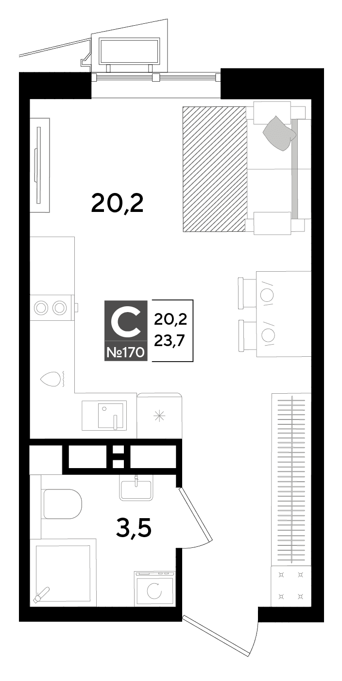 Студия, 23.7 м² · Парк Победы-2