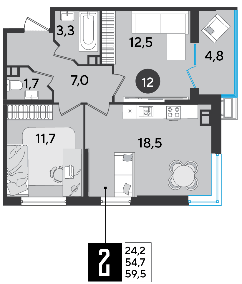 2-к, 59.5 м² · Парк Победы-2