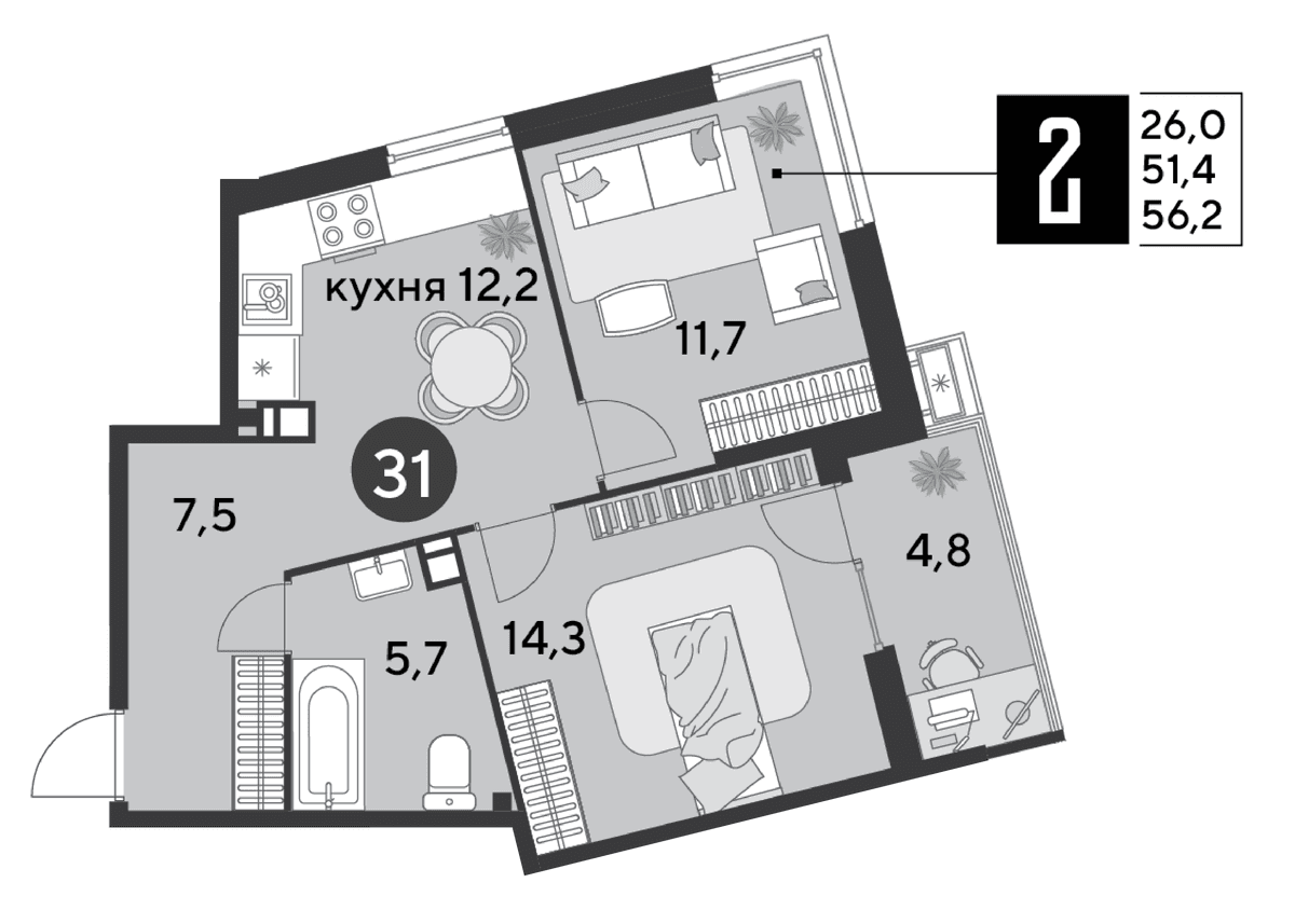 2-к, 56.2 м² · Парк Победы-2