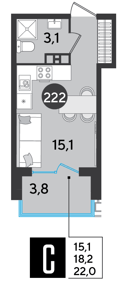 Студия, 22 м² · Парк Победы-2