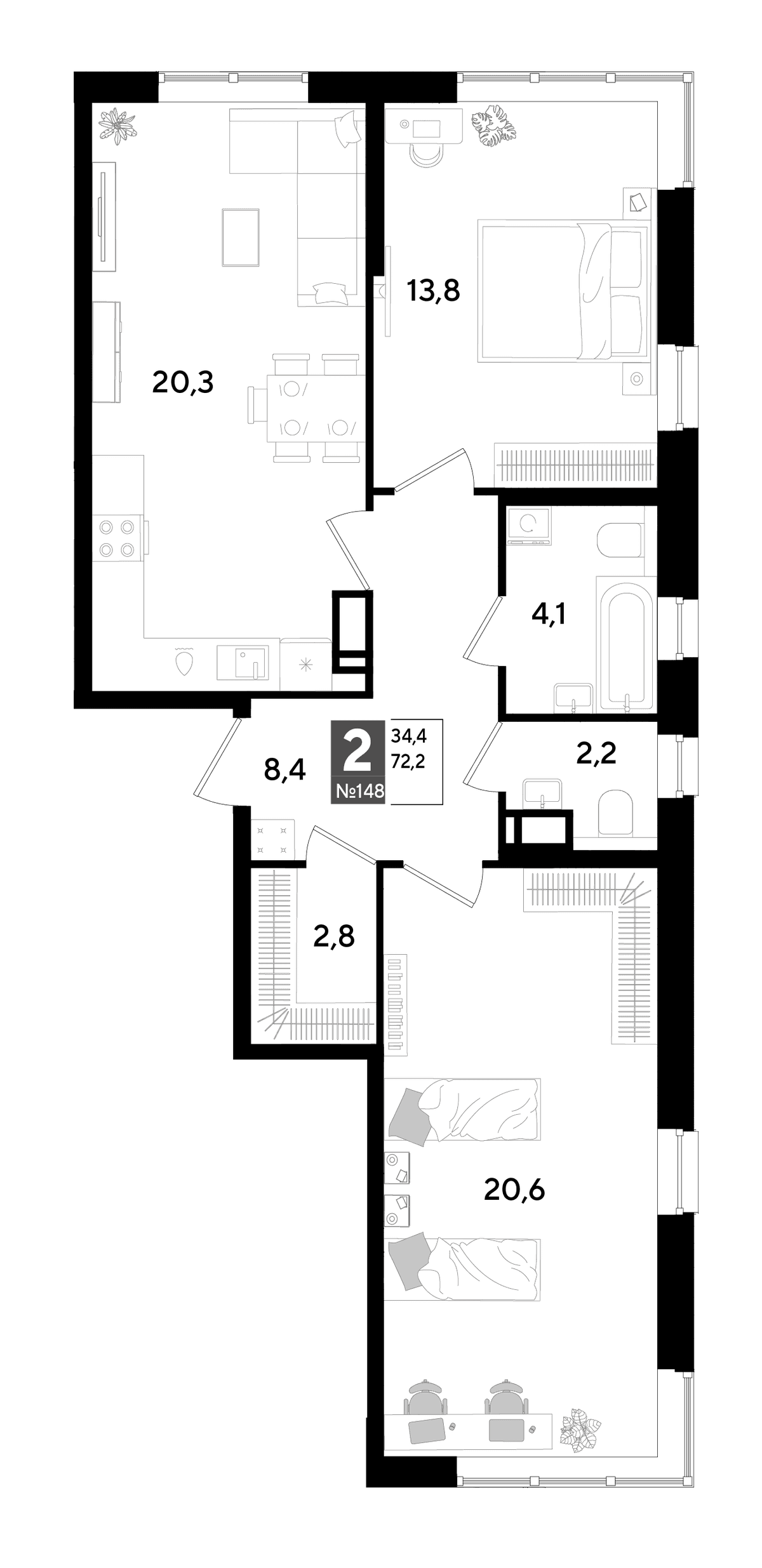 2-к, 72.2 м² · Парк Победы-2