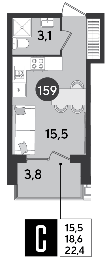 Студия, 22.4 м² · Парк Победы-2