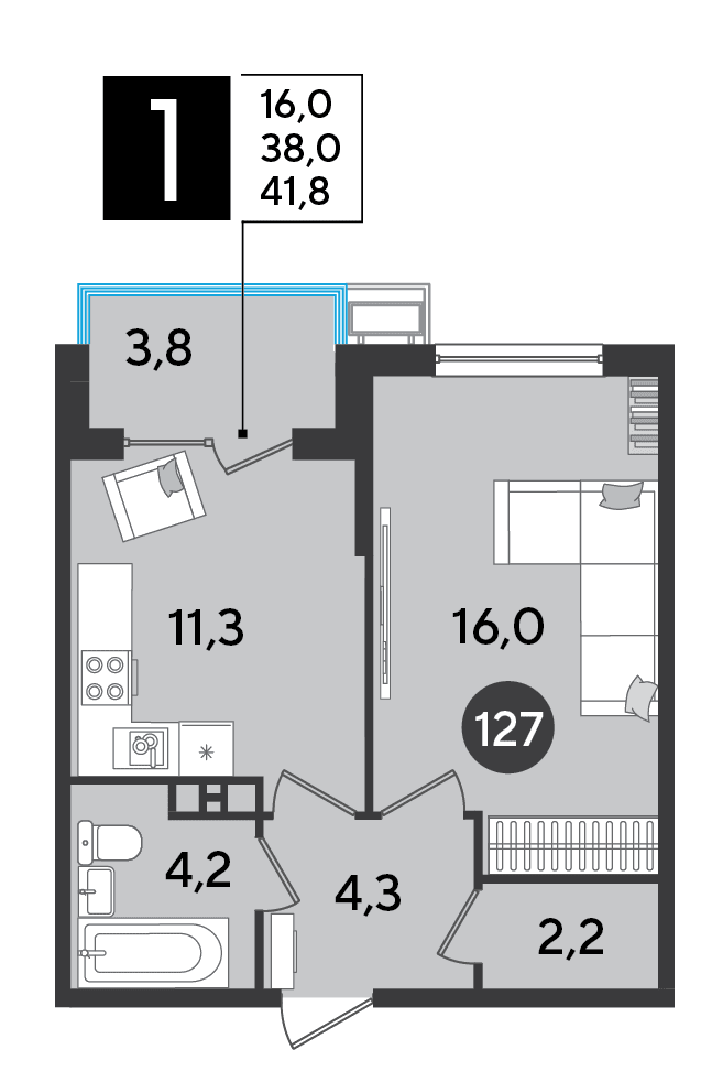 1-к, 41.8 м² · Парк Победы-2
