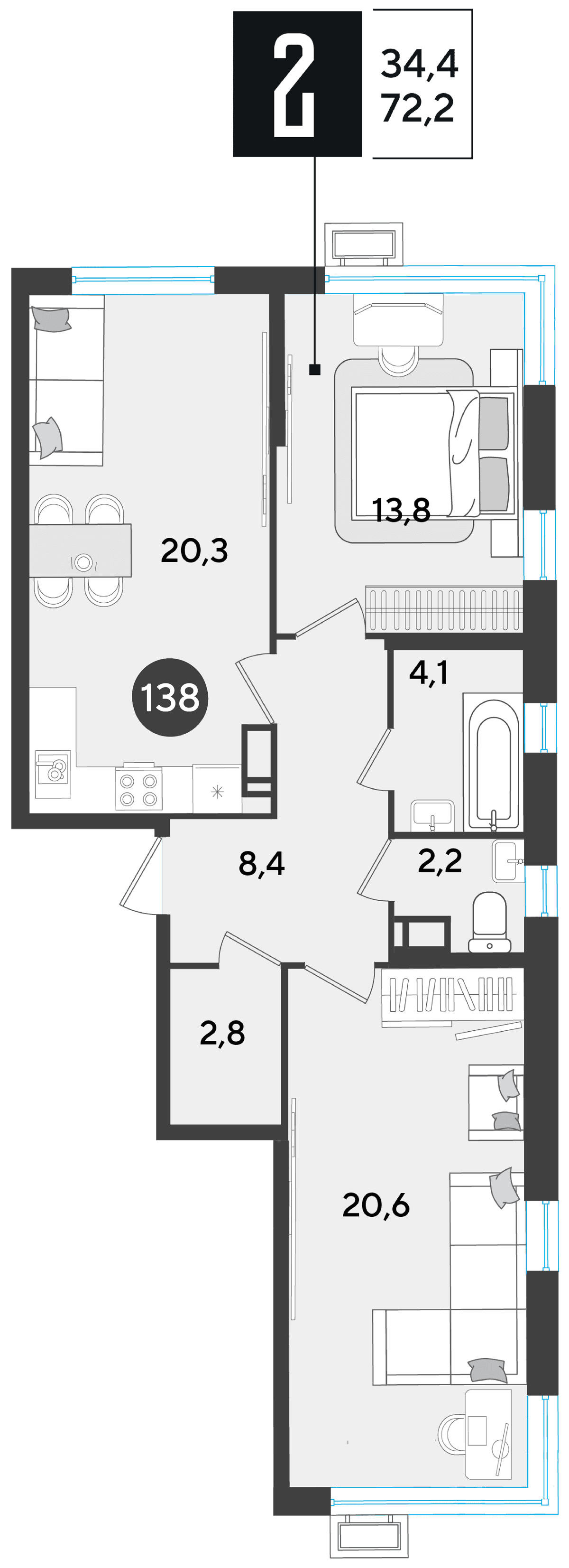 2-к, 72.2 м² · Парк Победы-2