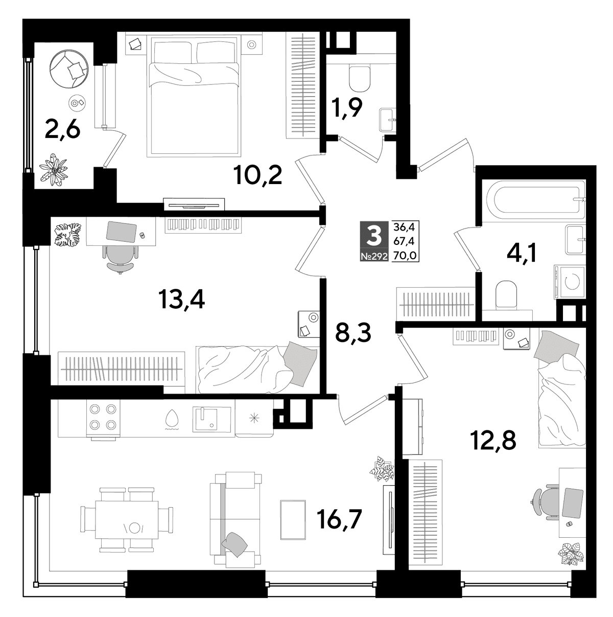 3-к, 70 м² · DОГМА ПАРК