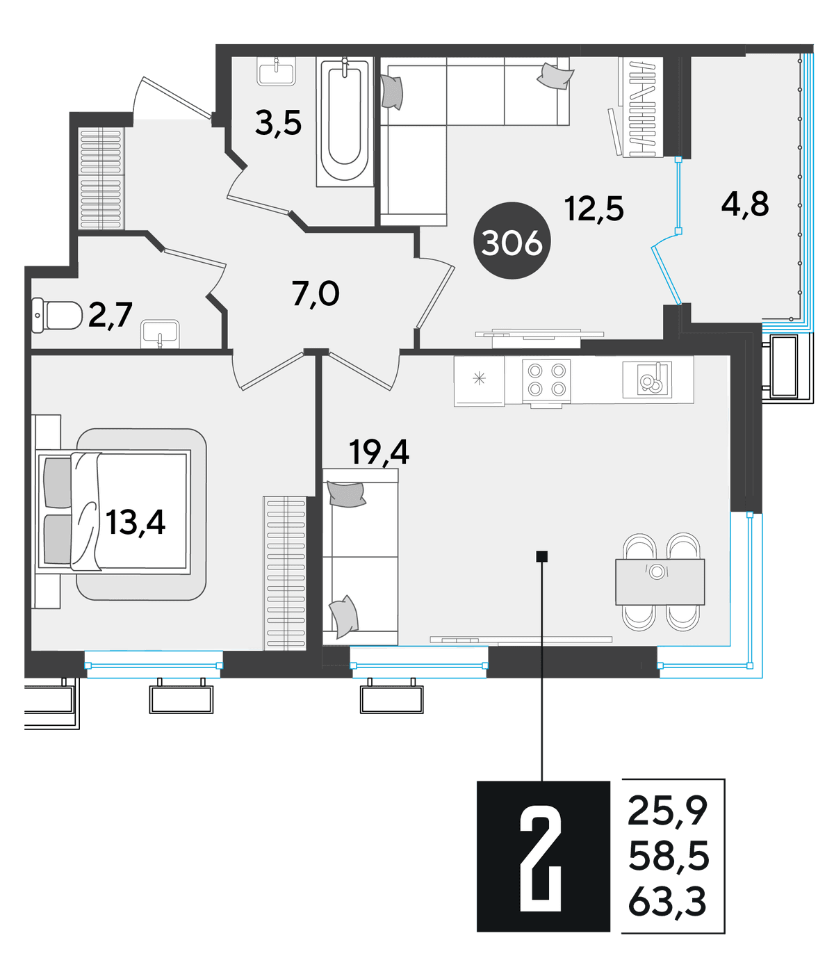 2-к, 63.3 м² · Парк Победы-2