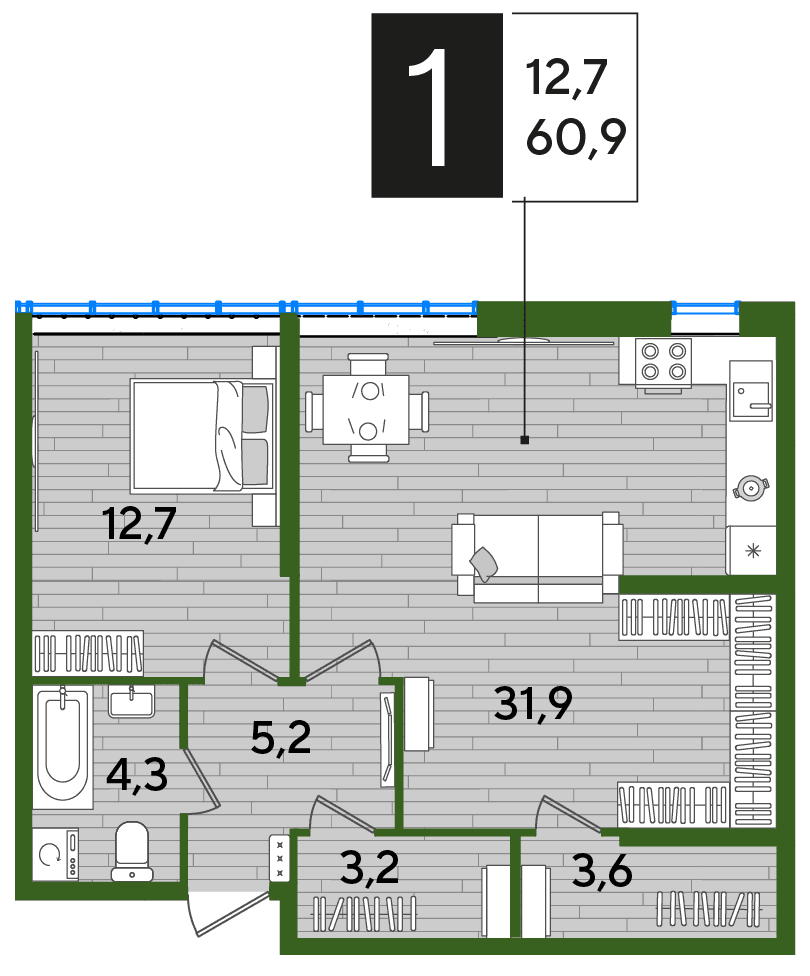 1-к, 60.7 м² · DОГМА ПАРК
