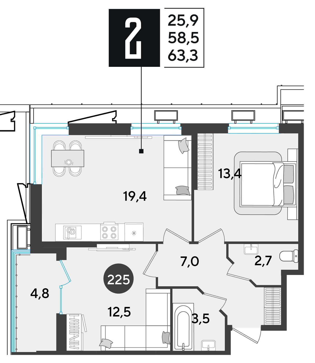 2-к, 63.2 м² · Парк Победы-2