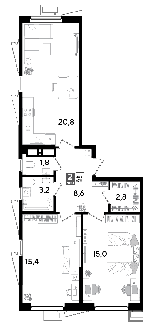 2-к, 67.2 м² · Парк Победы-2