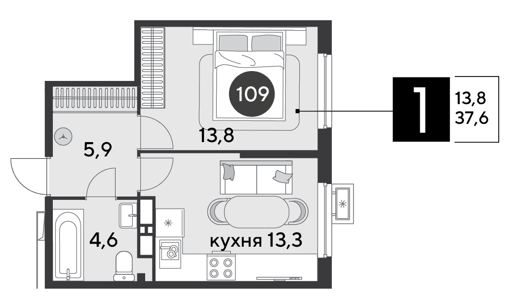 1-к, 37.6 м² · Парк Победы-2