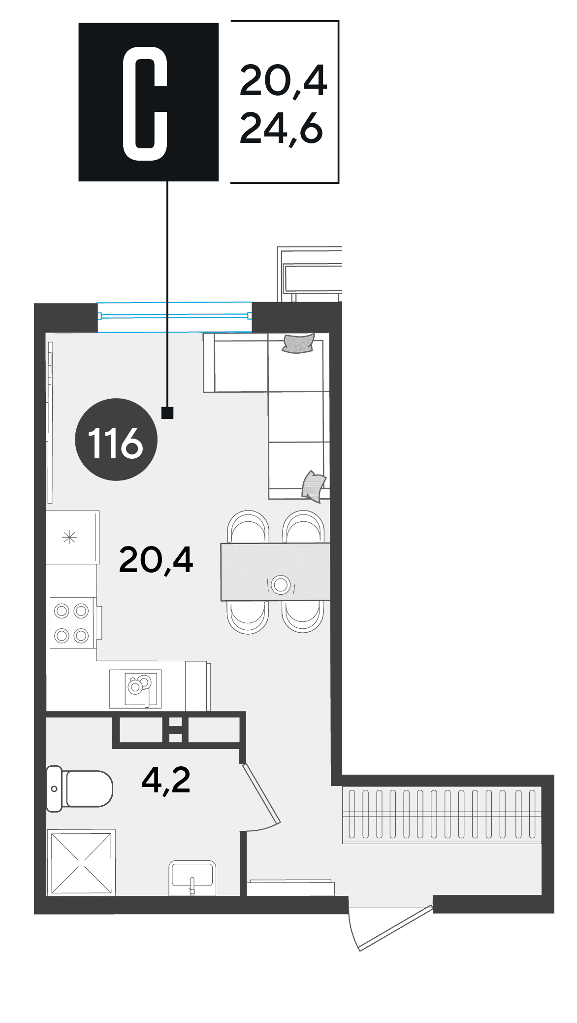 Студия, 24.6 м² · Парк Победы-2