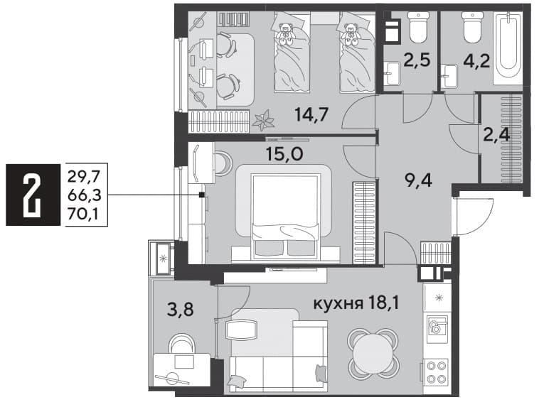 2-к, 70.3 м² · Парк Победы-2